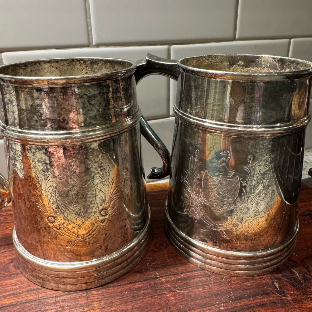 Vintage Glass Bottom Tankards Silver Plated Eagle Shield Beer Mugs Collectibles